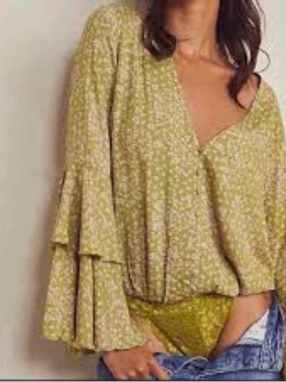 Intimately by Free People She’s Ditsy Floral Yellow Ruffle Bell Sleeve Bodysuit